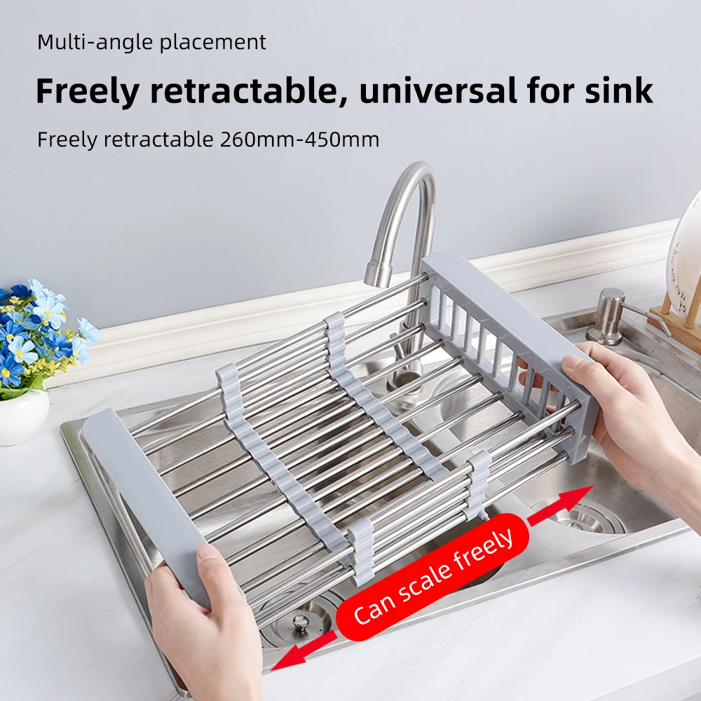 

Kitchen Retractable Stainless Steel Sink Strainer Drain Vegetable Fruit Drainer Basket Rack Storage Tool Sink Filter Rack Shelf