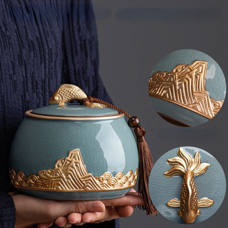 Recipiente sellado de cer&aacute;mica para el hogar, recipiente de almacenamiento de t&eacute; verde y negro, pu-erh, porcelana-2
