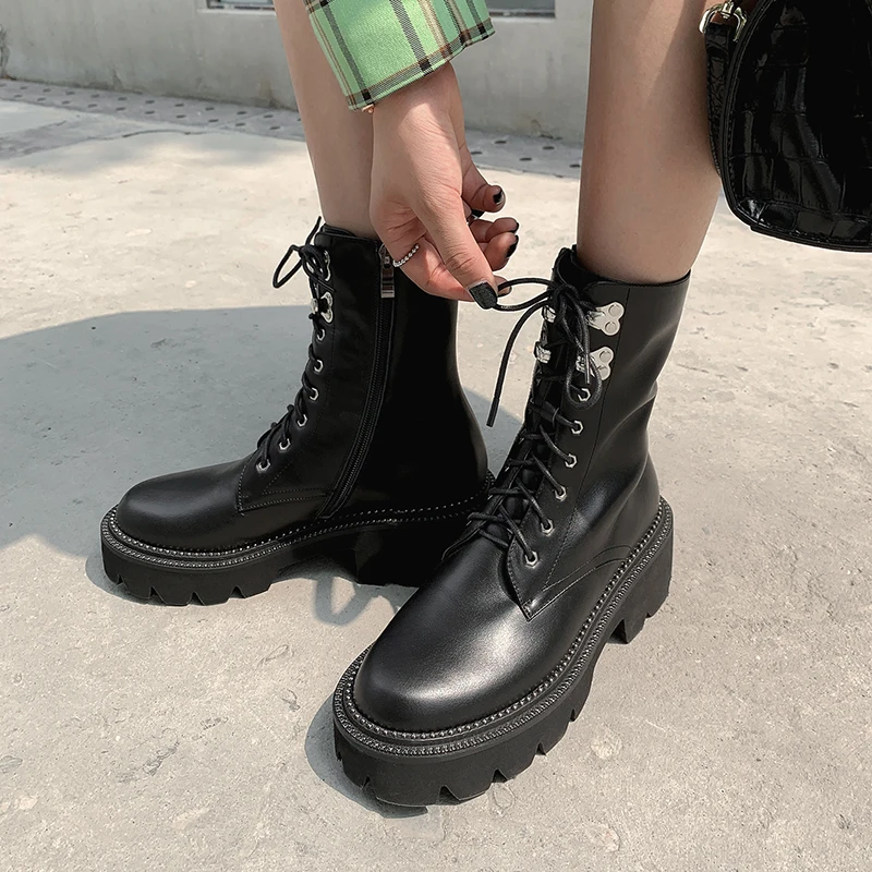 

Winter Platform Chunky Heels Shoes short boots Woman Cow Leather Cross Tied Ankle Boots New Arrival Office Lady Working Boots