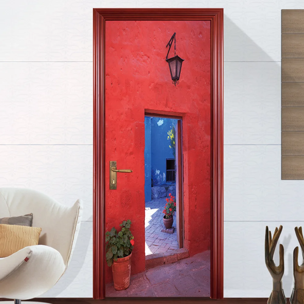 

Bedroom Door Stickers Red Wall Courtyard Door Home Decoration Stairs Depth Sense Living Room Decoration Decals Self-Adhesive
