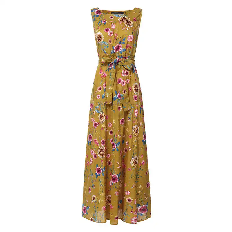 Yellow Printed Модное Макси платье на бретелях, женский сарафан с оборками,, ZANZEA, Женские Повседневные Вечерние платья, женское платье размера плюс, богемное платье с поясом - Цвет: Yellow Printed