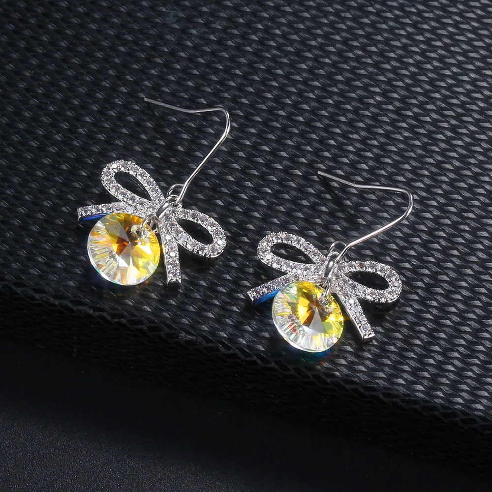 

Cute Female Crystal Bowknot Drop Earrings Dainty Silver Color Wedding Earrings Charm Yellow Zircon Dangle Earrings For Women