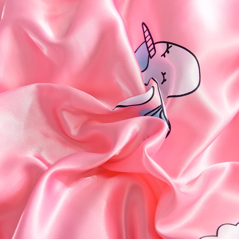 

Cartoon Unicorn Pink Ice Silk Bedding Set Satin Duvet Cover Sets Bed Sheet Pillowcases Twin Queen King Printed Bed Cover Sets