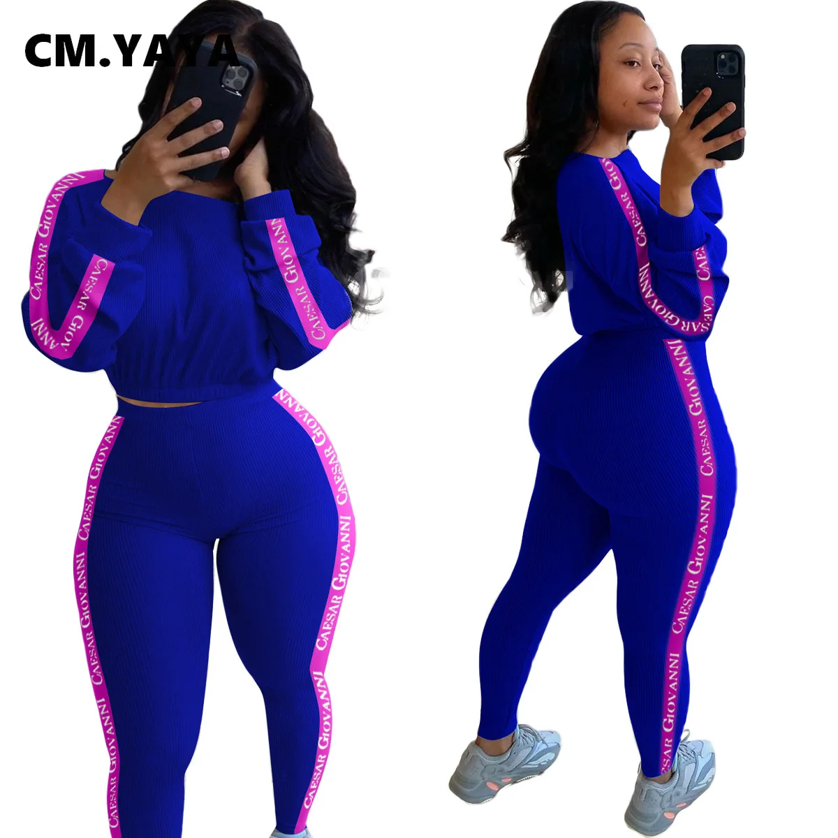 Женский трикотажный костюм с буквенным принтом CM.YAYA комплект из топа вырезом