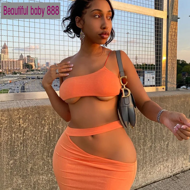 

Meqeiss 2020 New Summer Cut-Out Sexy Top and Bodycon Skirt 2 Piece Sets Outfits Matching Sets Club Party Backless Crop Tops