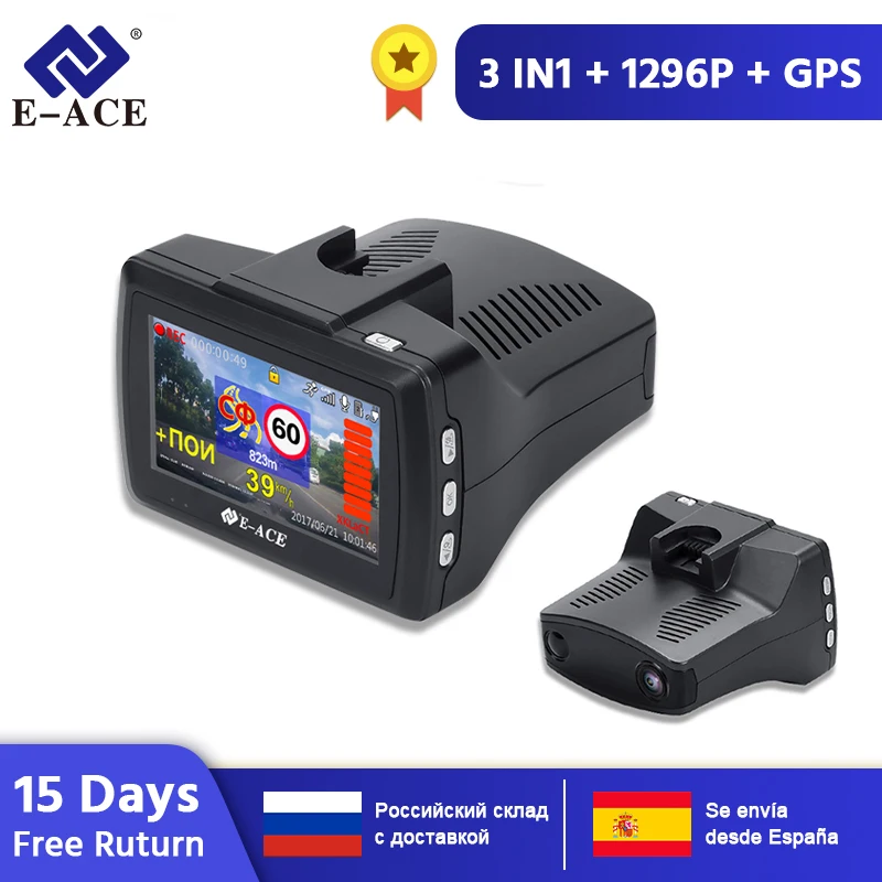 E-ACE G07 3 в 1 Автомобильный видеорегистратор Dashcam 3,0 дюймов HD 1296P Dash Cam Антирадары gps авторегистратор видео Регистраторы тире Камера dvr' ы