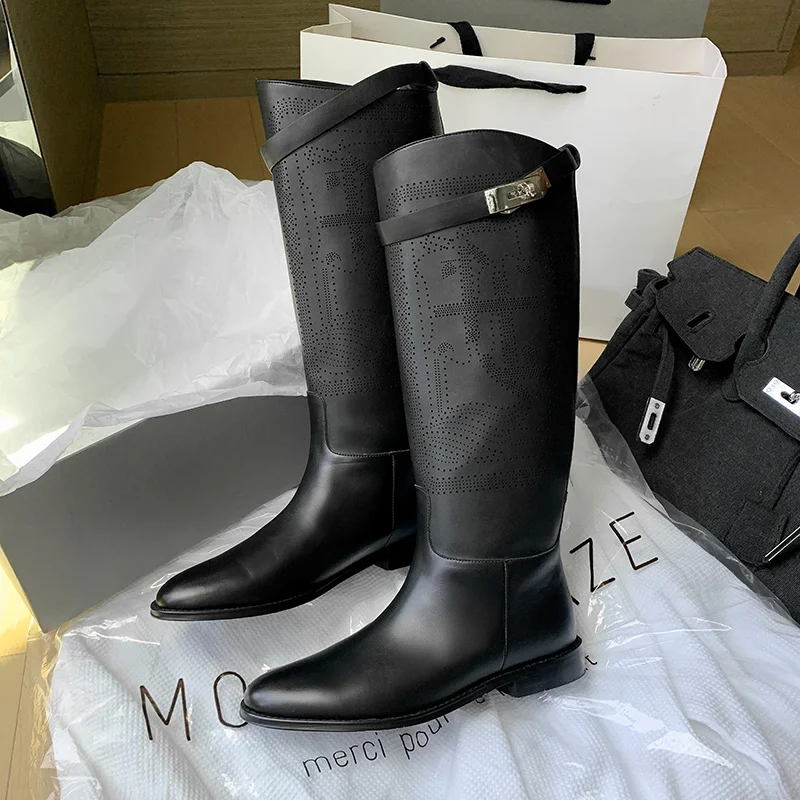 

New Winter Women Genuine Leather Boots Carving Knee-High Riding Equestrian Boots Long Warm Shoes