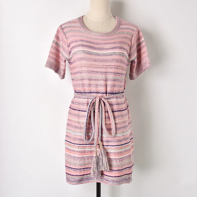 

2020 new summer women striped o-neckknitted sweater dresses short sleeve belt knitting mini dress girls JC375