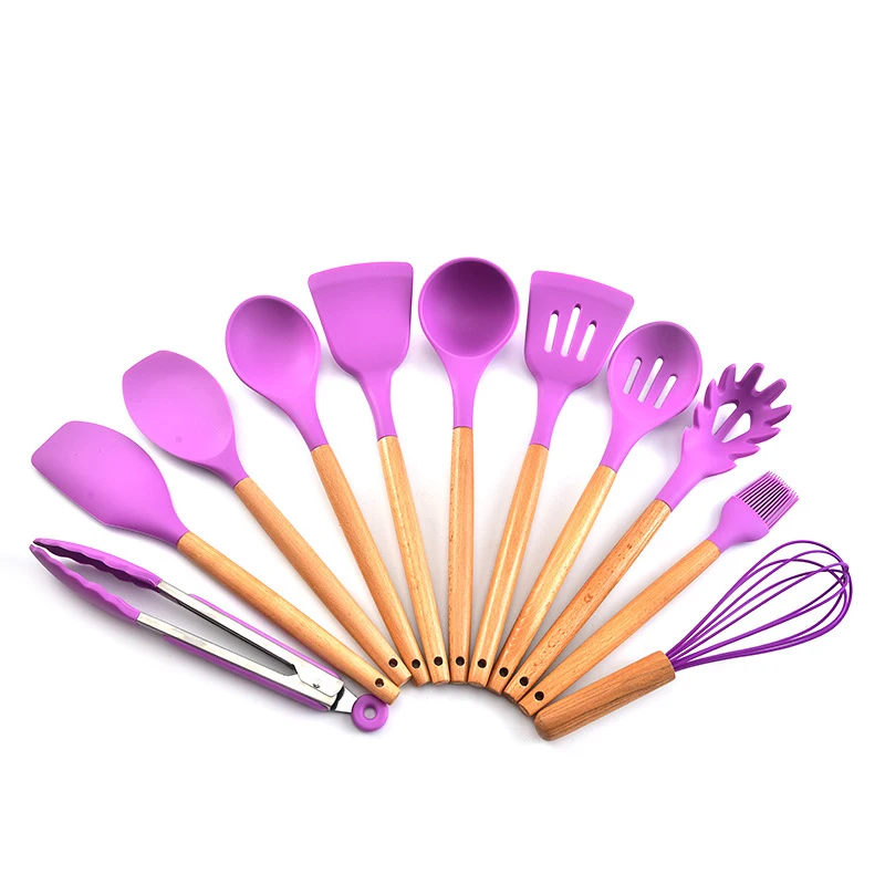 

12 Pcs Kitchen Ware Set Wooden Handle Silicone Cooking Utensils Set Purple Cookware sets Home Silica Gel Kitchen Cooking Tools