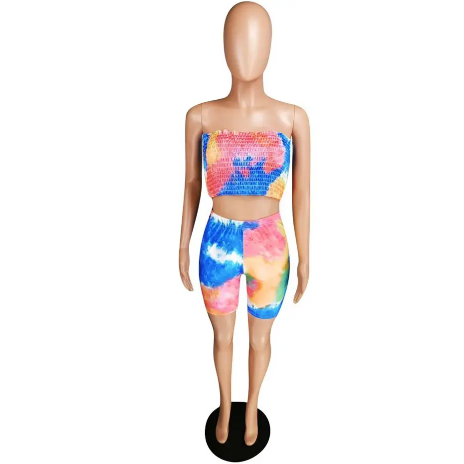 Синий HAOYUAN Tie Dye/пикантная Женский комплект 2 шт. праздничная одежда укороченный топ и байкерские шорты Комплект из двух предметов, летняя Клубная одежда - Цвет: Синий