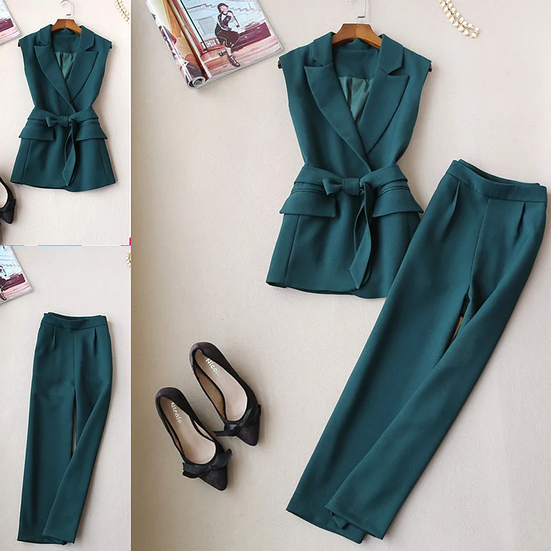 

suits for women pant temperament sleeveless fashion office lady slim vest wide leg nine pants suit conbinaison femme