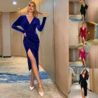 Женское платье с длинным рукавом, однотонное асимметричное вечернее платье-футляр с V-образным вырезом, золотистого и бархатного цвета, весна-осень 2022