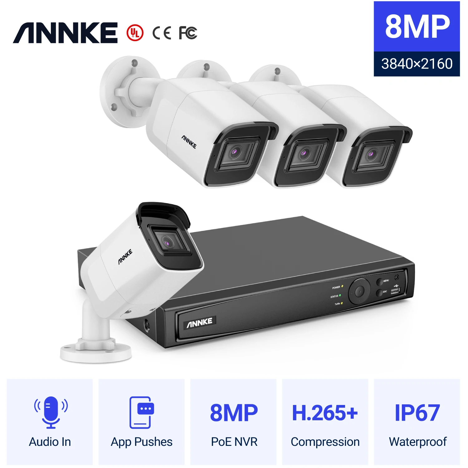 Система видеонаблюдения ANNKE 8 каналов Мп Ultra HD POE 4 камеры безопасности|Система