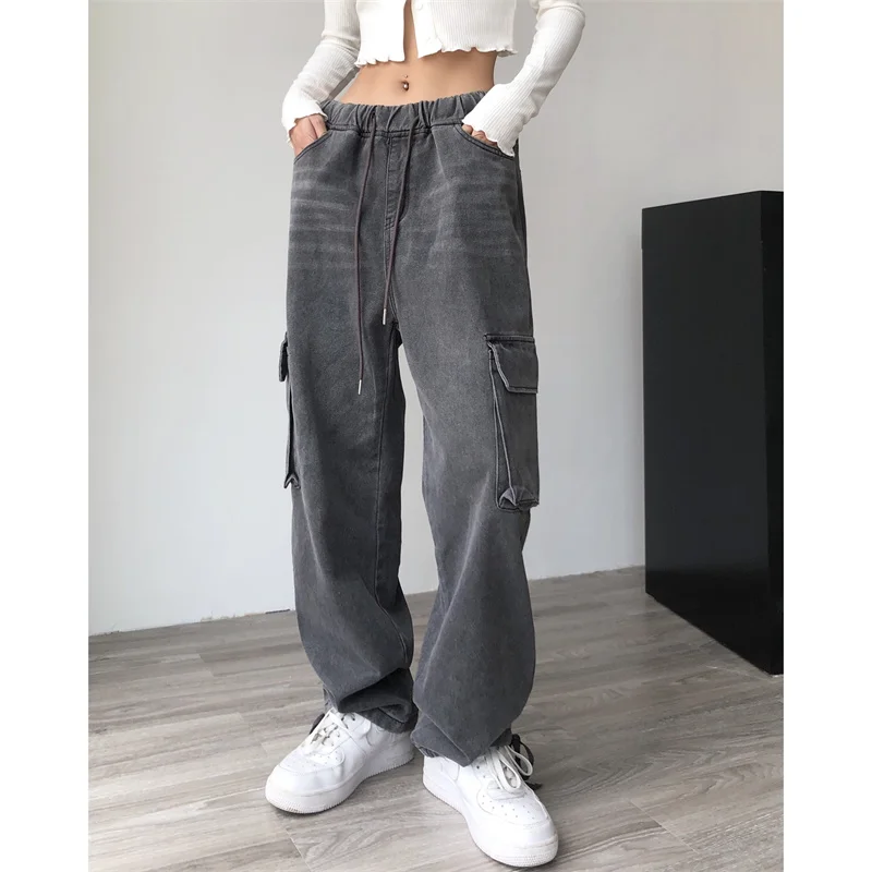 Gray Cargo Jeans Vintage Pockets Lace Up High Waist Casual Women Pants Wide Leg Casual Denim Streetwear Baggy Boyfriend Trousers