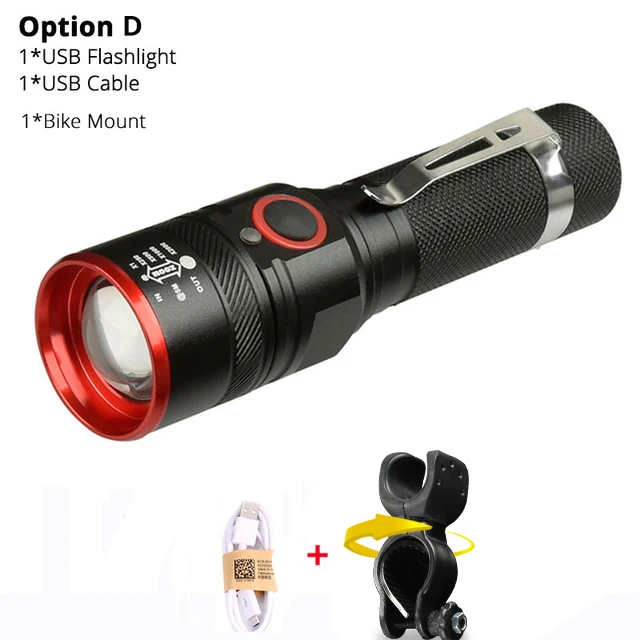 Option D 10000 Lumens Bike Light Ultra-Bright Zoom T6 Bicycle Front LED Flashlight Lamp USB Rechargeable Cycling Light By 18650 Battery - Цвет: Option D