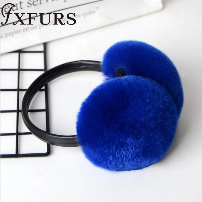 royal blue FXFURS/ женские модные меховые наушники с кроликом Рекс, с кожаной полкой, зимние теплые меховые наушники для девочек, меховые наушники - Цвет: royal blue