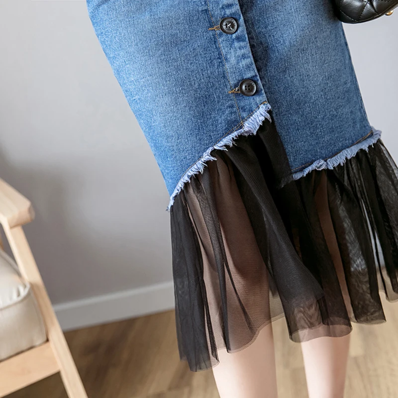 

Gauze Patchwork Tassel Blue Denim Mermaid Skirt Women Vintage High Waist Slim Irregular Mid-Length Package Hip Skirt Female