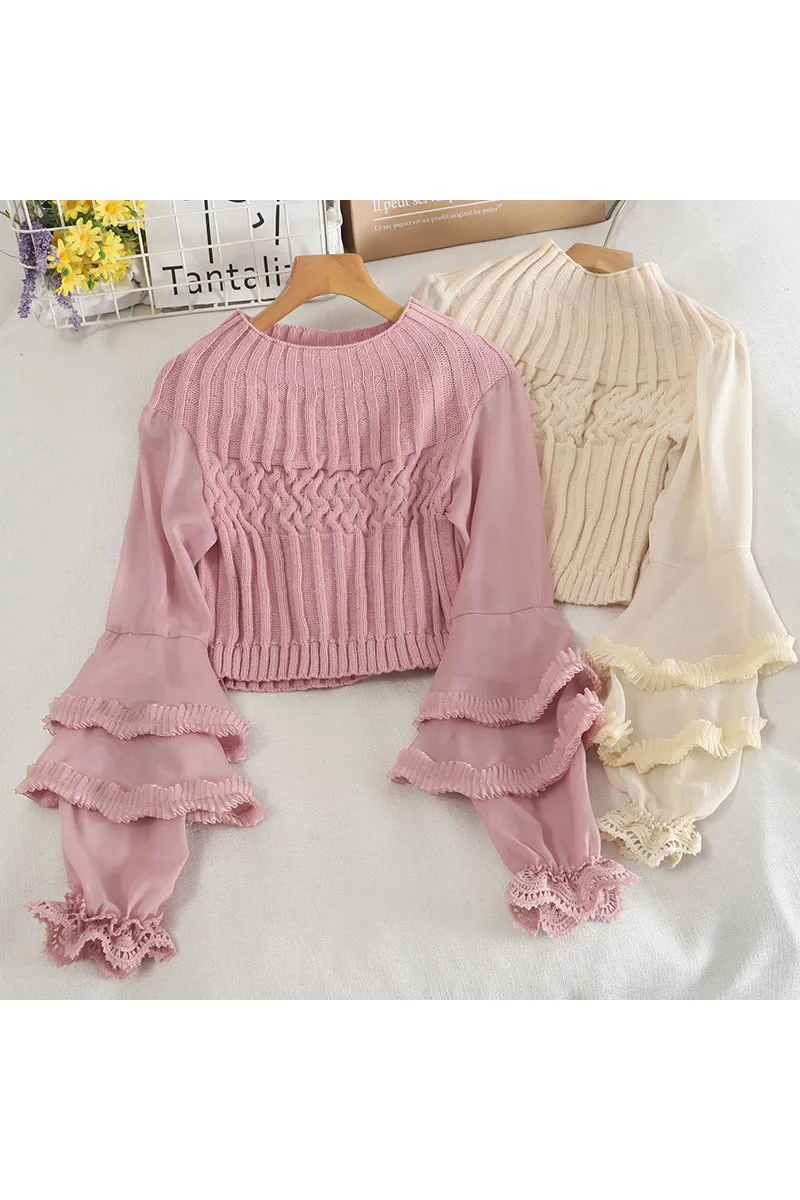 

Women Autumn O- Neck Knitted Ruffles Pullovers Stitching Long Flare Sleeve Lotus Sweaters Mesh Lace Spliced Crop Tops Sueteres