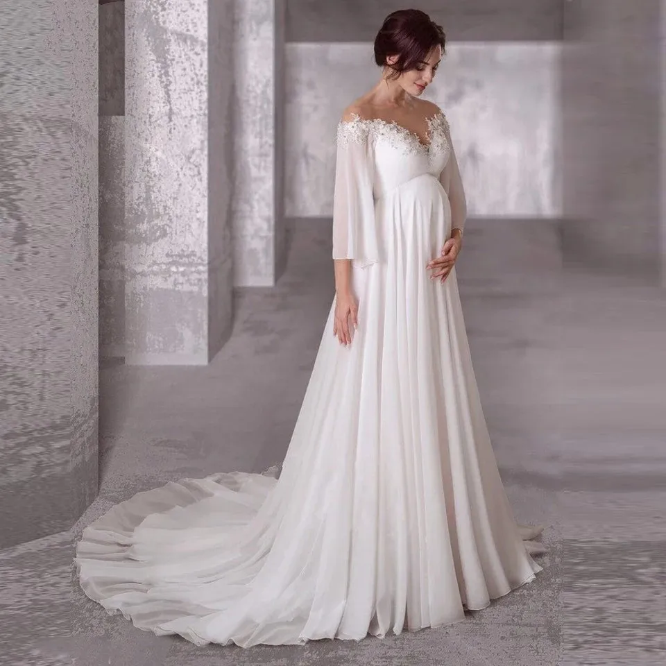 

Шифоновые Свадебные платья для беременных 2021 платья невесты с длинным рукавом для беременных элегантное простое платье со шлейфом на спине...