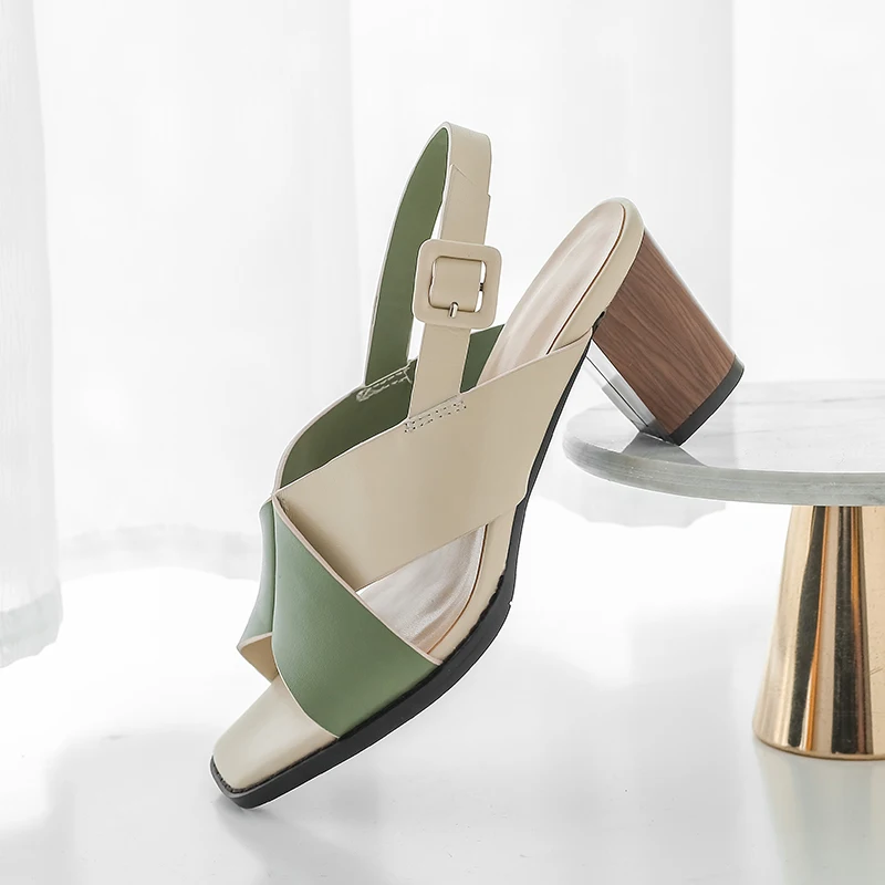 

2020 New Genuine Leather Women Sandals Fashion Elegant Square Toe 6cm High Heel Women Shoes Ladies Summer Casual Outdoor Sandals