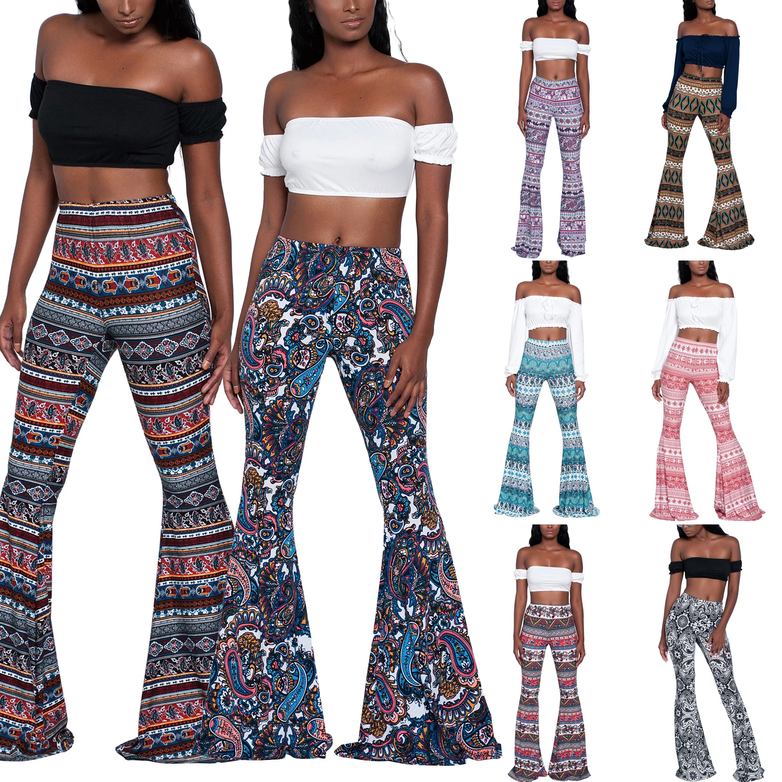 

High-Waist Stretch-Print Trousers Summer Women Wide-Leg Loose-Fitting Trousers Sexy Flared Pants Bottom Casual Leggings