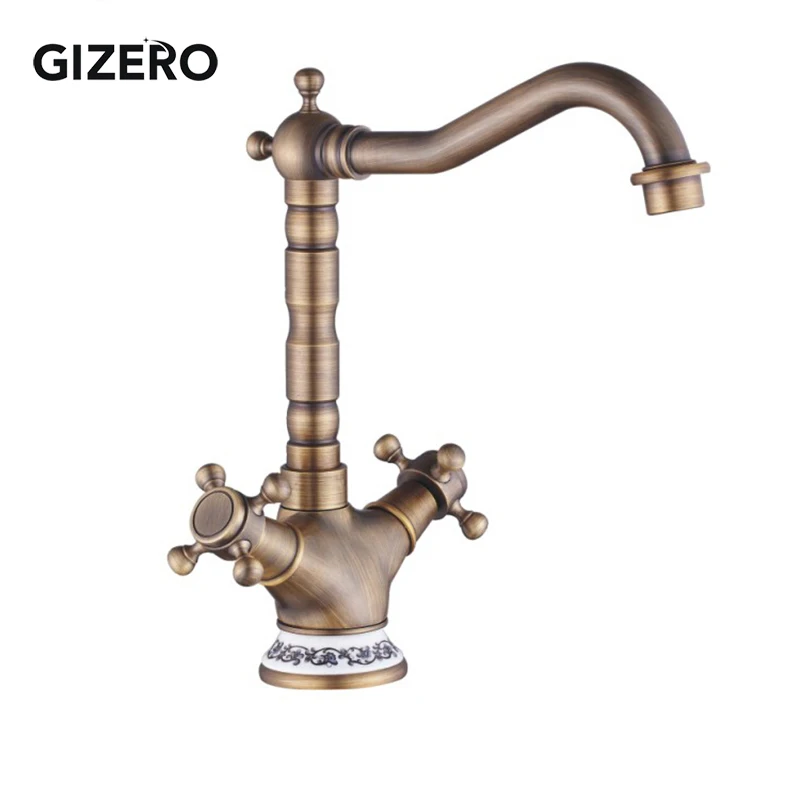 

Bathroom Faucet Antique Brass Dual Handle Basin Sink Mixer Faucet Swivel Deck Mounted Ceramic Base Bathroom Washbasin Taps ZR132