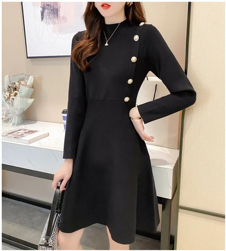 

Женское трикотажное платье с длинным рукавом, однобортное однотонное платье-трапеция на осень