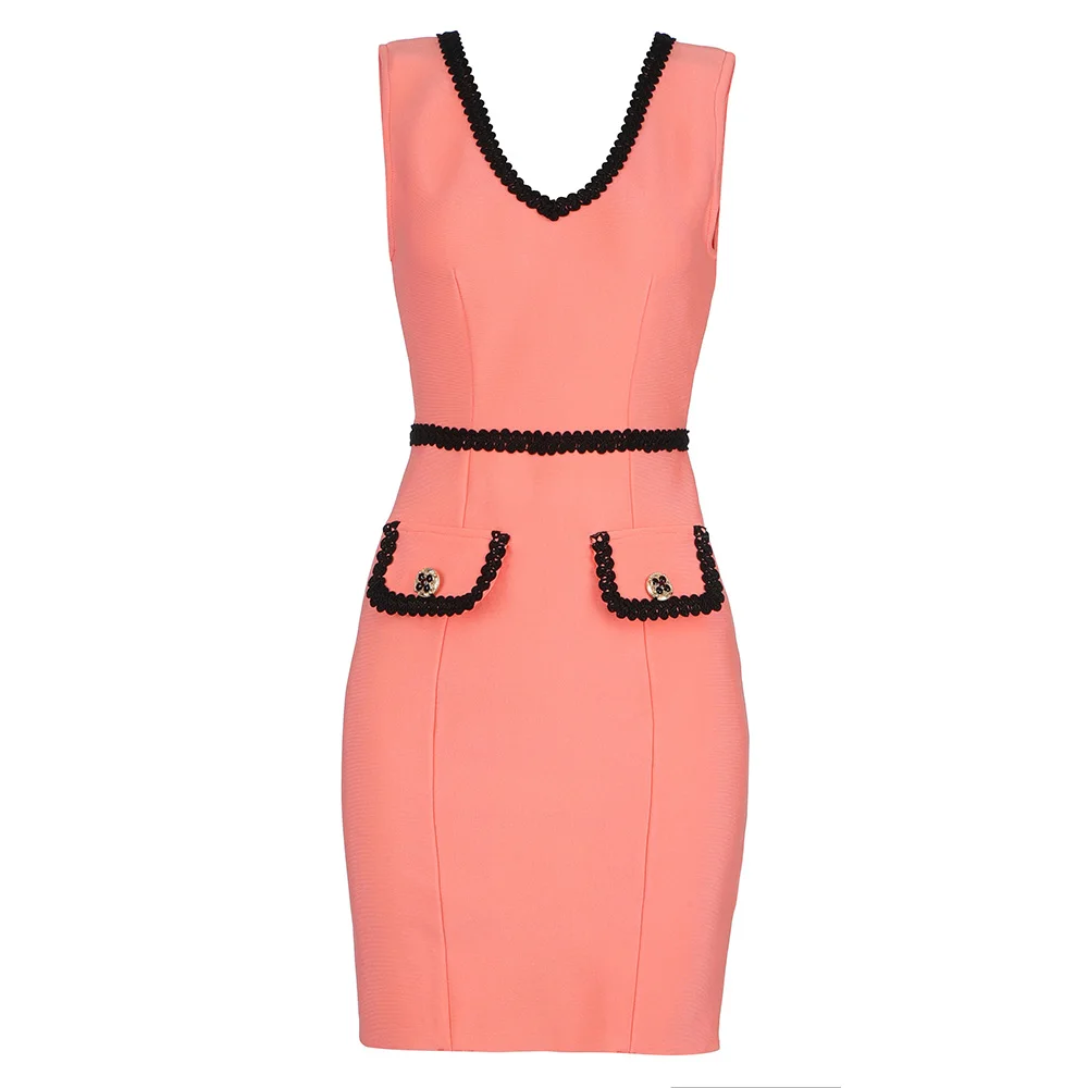 

2021 New Spring Women's Sexy Pink V-neck Sleeveless Mini Bandage Dress Elegant Celebrity Club Party Dress Vestido