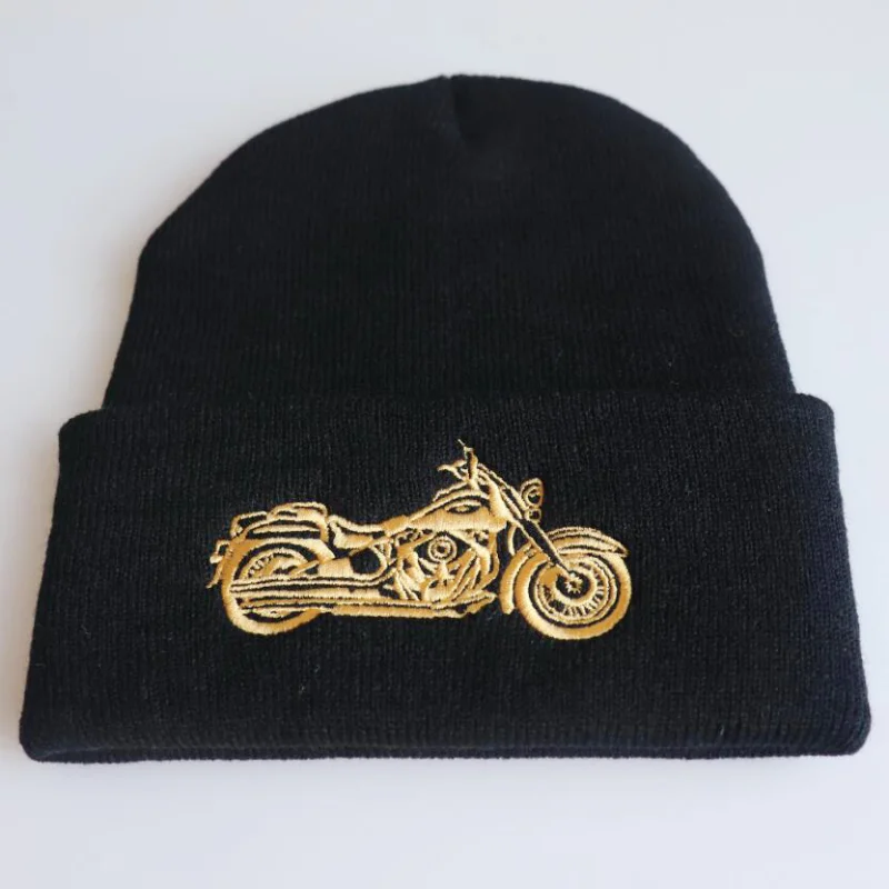 

Men's Golden Motorcycle Embroidery Beanies Caps Winter Hip Hop Knitted Hat Women Outdoor Streetwear Warm Skiing Skullies Bonnet