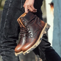fashionable brown men martin boots high quality genuine leather men casual boots outdoor warm plush tooling shoes man size 38 44