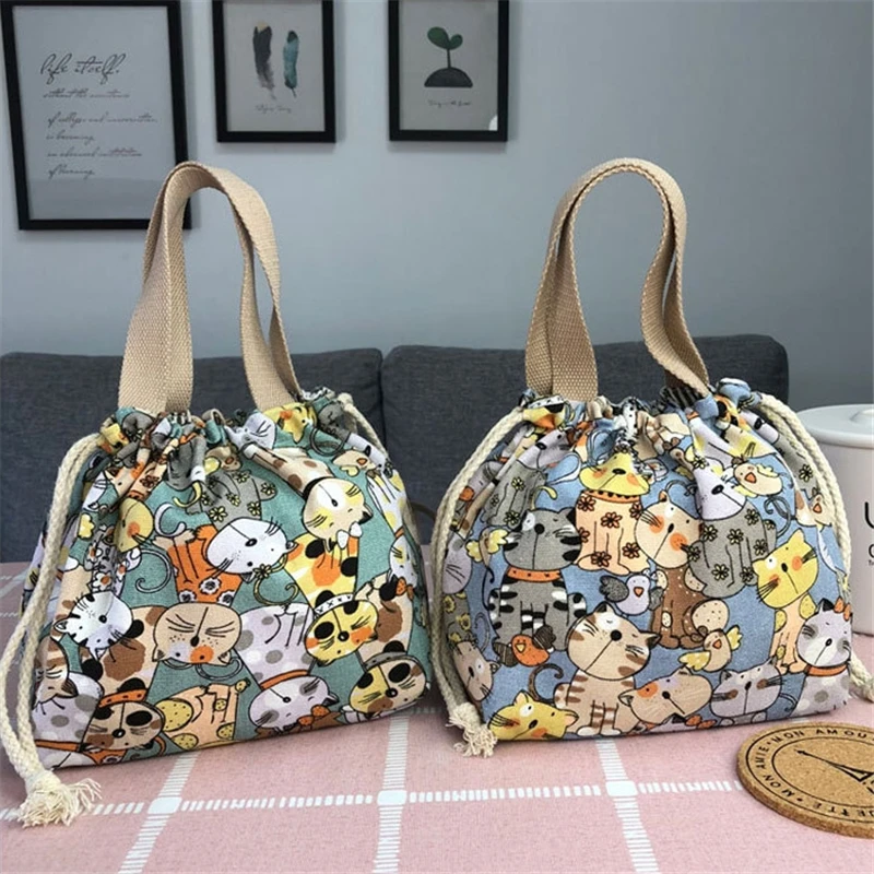 Женская сумка для ланча с кулиской из парусины, сумочка, милый мультфильм, Рисовые сумки, печать, переносная коробка для ланча, сумка для женщин, универсальный кошелек для монет