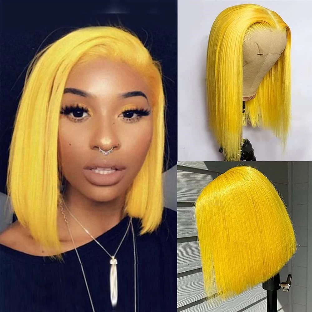 

Glueless Cosplay Lace Wigs Straight Short Bob Yellow Hair Color Middle Part Synthetic Lace Front WIgs Pre Plucked with Bbay Hair