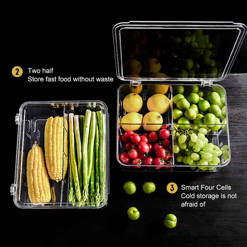 

Fruit Vegetable Storage Crisper With Cover Kitchen PET Plastic Storage Containers Refrigerator Food Partitioned Storage Box