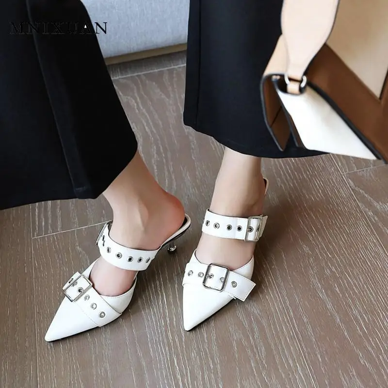 MNIXUAN Classics women mules slippers summer outdoor 2020 new covered pointed toe pumps high heels buckle sandals size 46 | Обувь