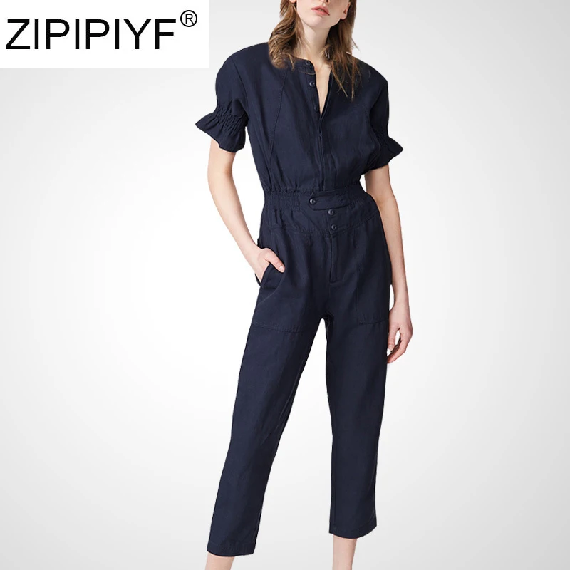 ZIPIPIYF 2020 Summer New Fashion High Waist Jumpsuit Female Casual Pants Temperament Women Navy Blue Jumpsuit C260