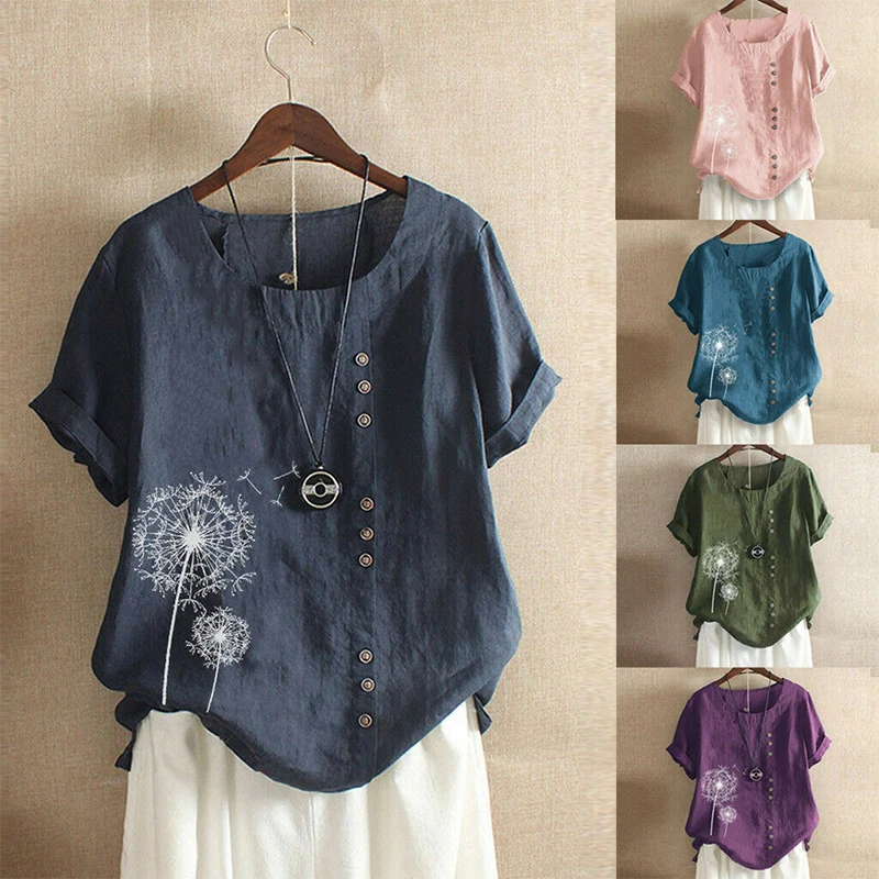 

New 5 Color High Quality Women Short Sleeve T Shirt Dandelion Printed Button Casual Baggy T-Shirt Crew Neck Daily Tee Top M-5XL