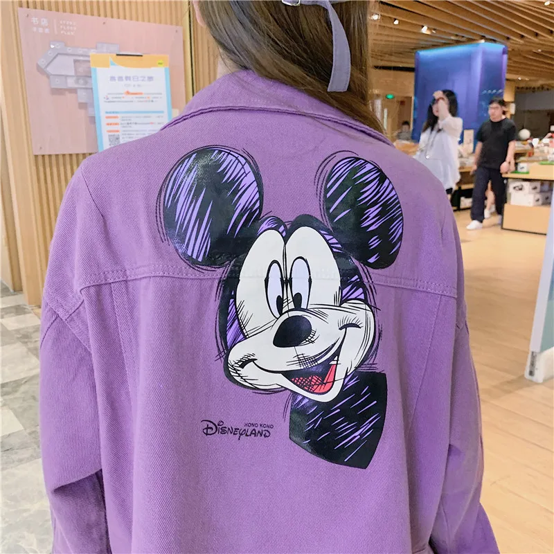 

Disney Mickey Mouse Autumn Winter Fashion Women Denim Jacket Full Sleeve Loose Button Pocket Lapel Leisure Jeans Coat Ladies