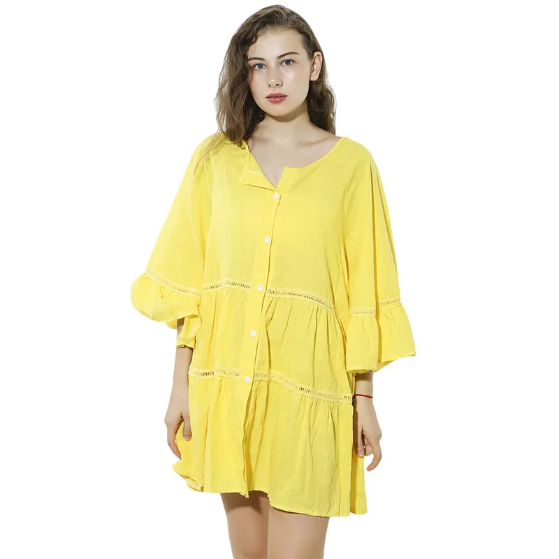 Women v- Neck T-Shirt Basic Button Tee Summer Casual Loose Three Quarter Buttterfly Top Feminino Vestido | Женская одежда