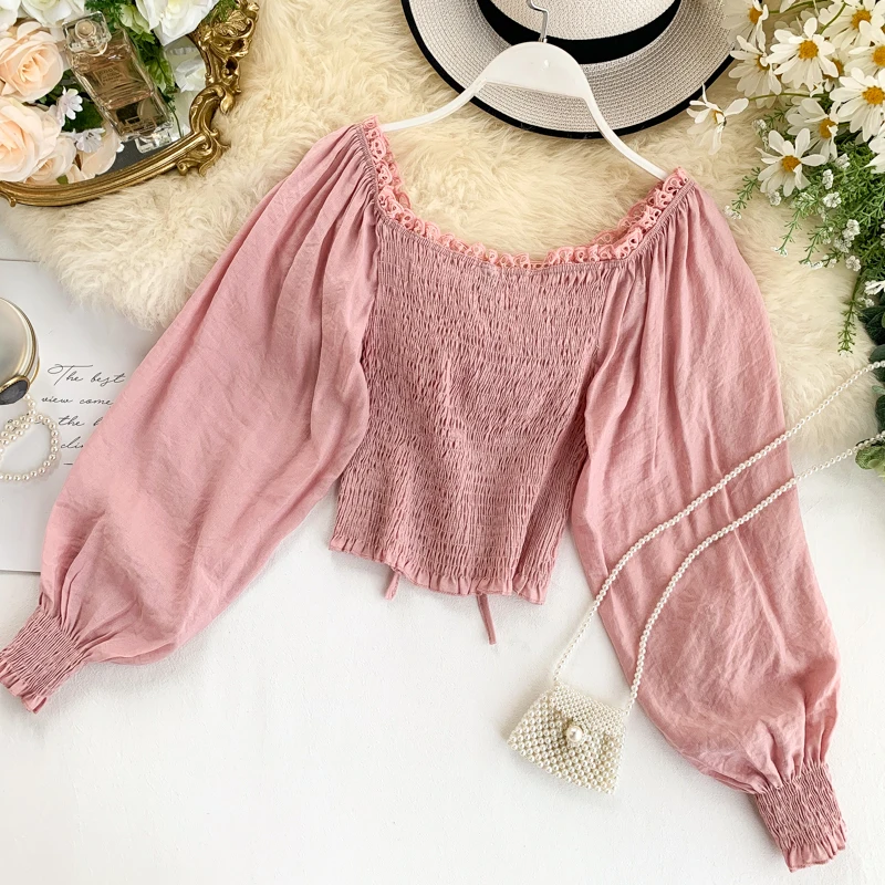 Женская кружевная блузка MUMUZI белая однотонная с открытыми плечами ажурная на