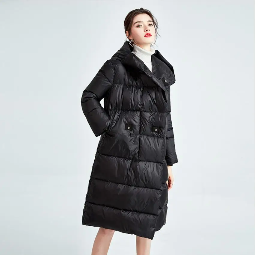 

Зимняя модная женская длинная ветрозащитная пуховая куртка с капюшоном, женская тонкая Толстая теплая пуховая куртка большого размера, пар...