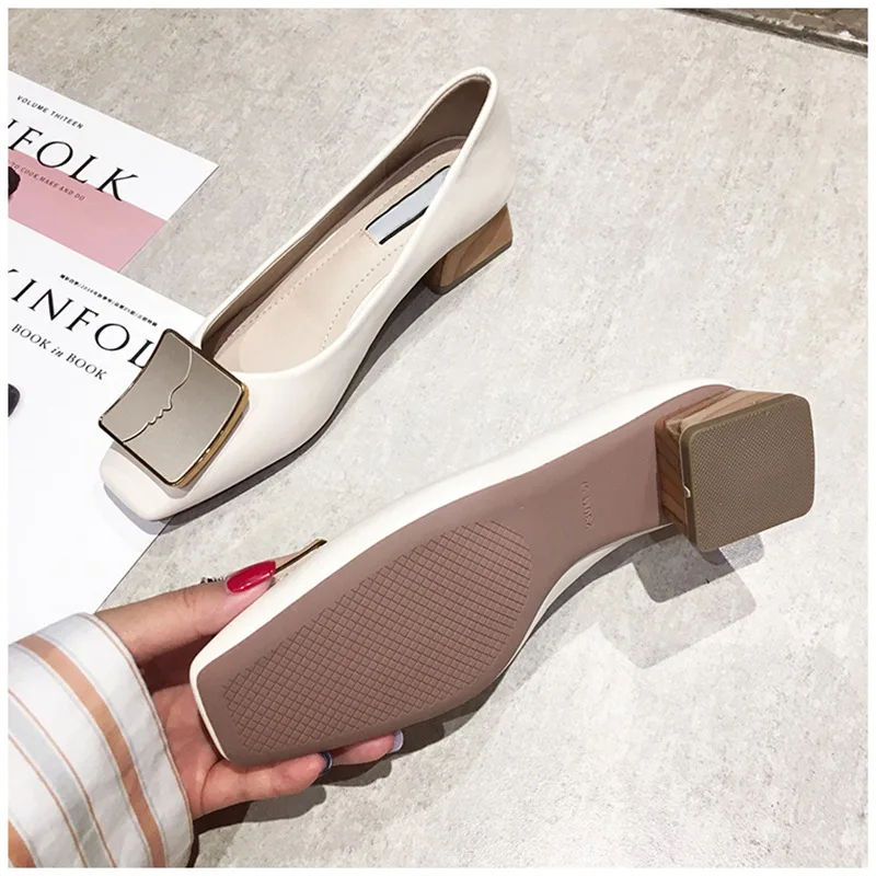 SUOJIALUN Luxury Women Spring Flat Shoes Square Toe Medium Heels Fashion Metal Boat Low Heels Shoes Women Dress Shoes