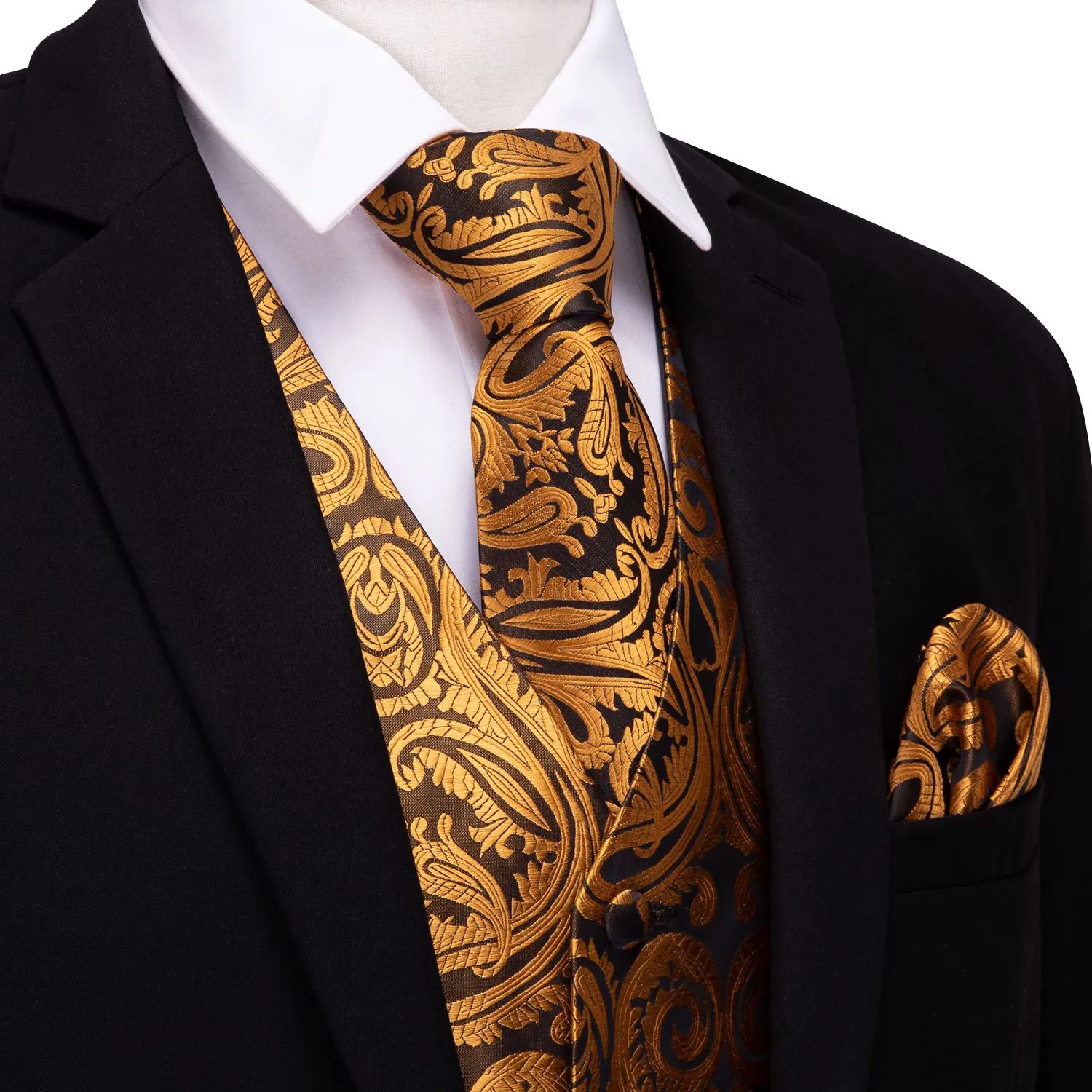 Gold Formal Silk Paisley Men’s Vest V-Neck Waistcoat Suit Set 4PC Tie Handkerchief Cufflinks Business Party Barry.Wang | Мужская