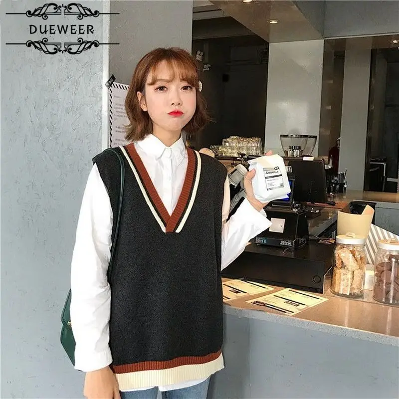 

DUEWEER Sweaters Knitted Vest Womens Sleeveless All-match Preppy Style Loose Street Harajuku Stylish Chic Women Sweater