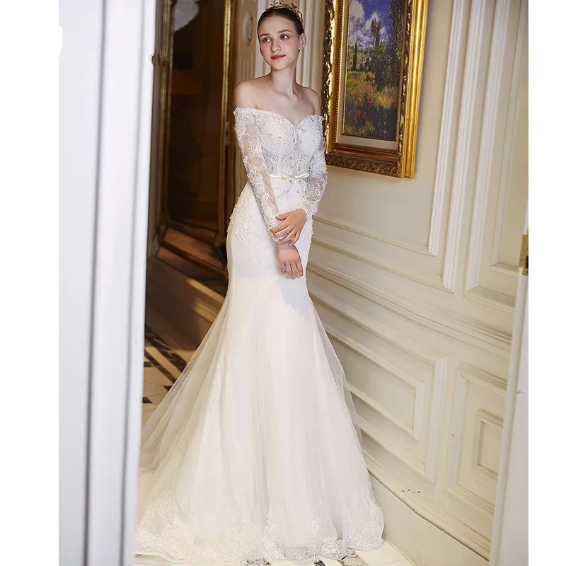 

Arrival long sleeve lace mermaid 2018 boat neck vestido de noiva Handmade Pearls beading bridal gown mother of the bride dresses