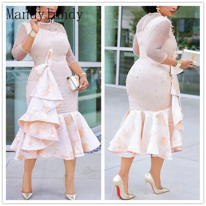 

Mandylandy Women Elegant Pearl Mermaid Wedding Dress Ladies Sexy Long Sleeve O Neck Hollow Out Ruffle Evening Party Dress