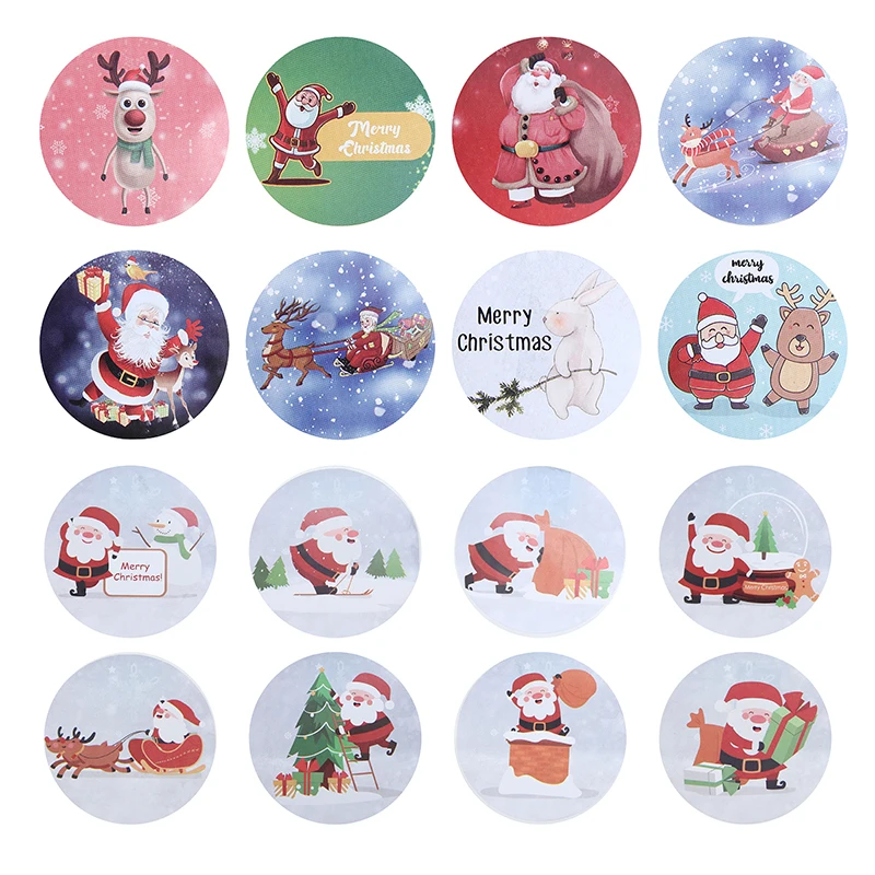 

Merry Christmas Labels Stickers Cute Santa Elk Snowman Mini Stickers Round Roll 500PCS For DIY Xmas Gift Bag Decorating Supplies