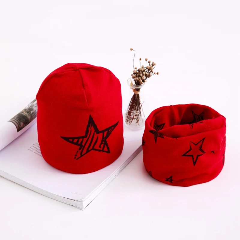 New Cotton Baby Pom Hat Winter Warm Kids Hats Scarfs Set Star Printing Beanie Soft Comfortable Children Cap | Детская одежда и