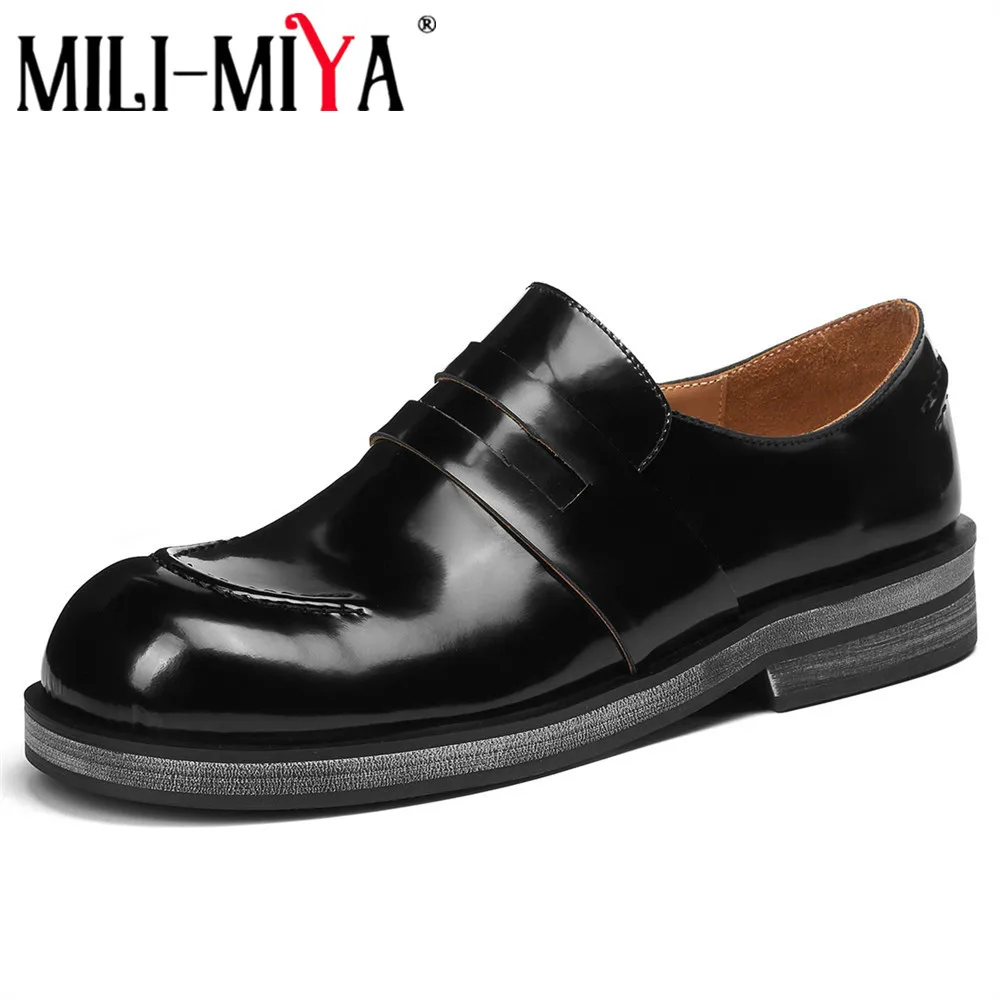 

MILI-MIYA British Style Genuine Leather Pumps Women Autumn 2022 Loafers Mid Thick Heel Square Toe Slip On Single Handmade Shoes