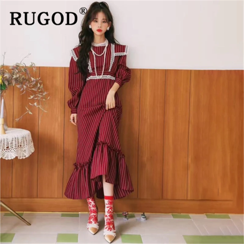 RUGOD корейское кружевное лоскутное Полосатое женское платье винтажные длинные