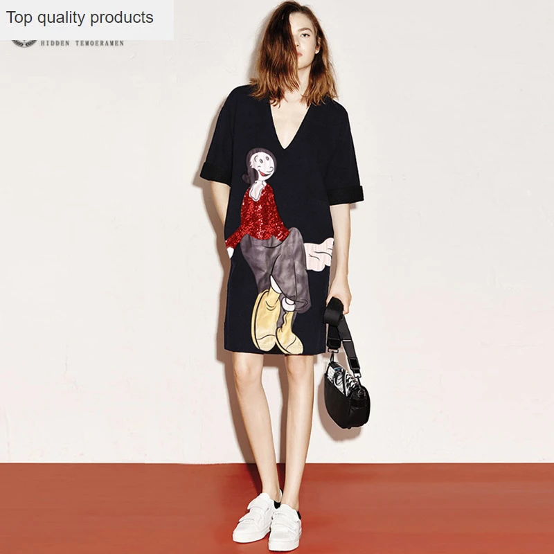 2020 Новое Европейское женское платье с вышивкой и блестками свободное v образным